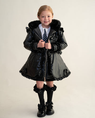 Black Fur Trim Hood Peplum Coat