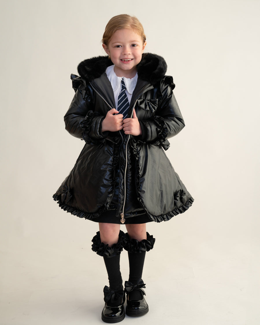 Black Fur Trim Hood Peplum Coat