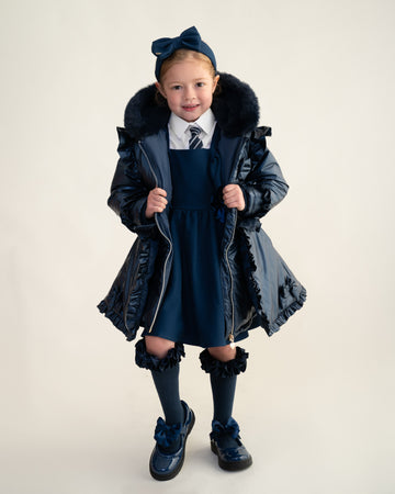 Navy Fur Trim Hood Peplum Coat