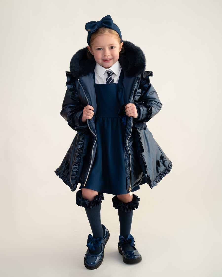 Navy Fur Trim Hood Peplum Coat