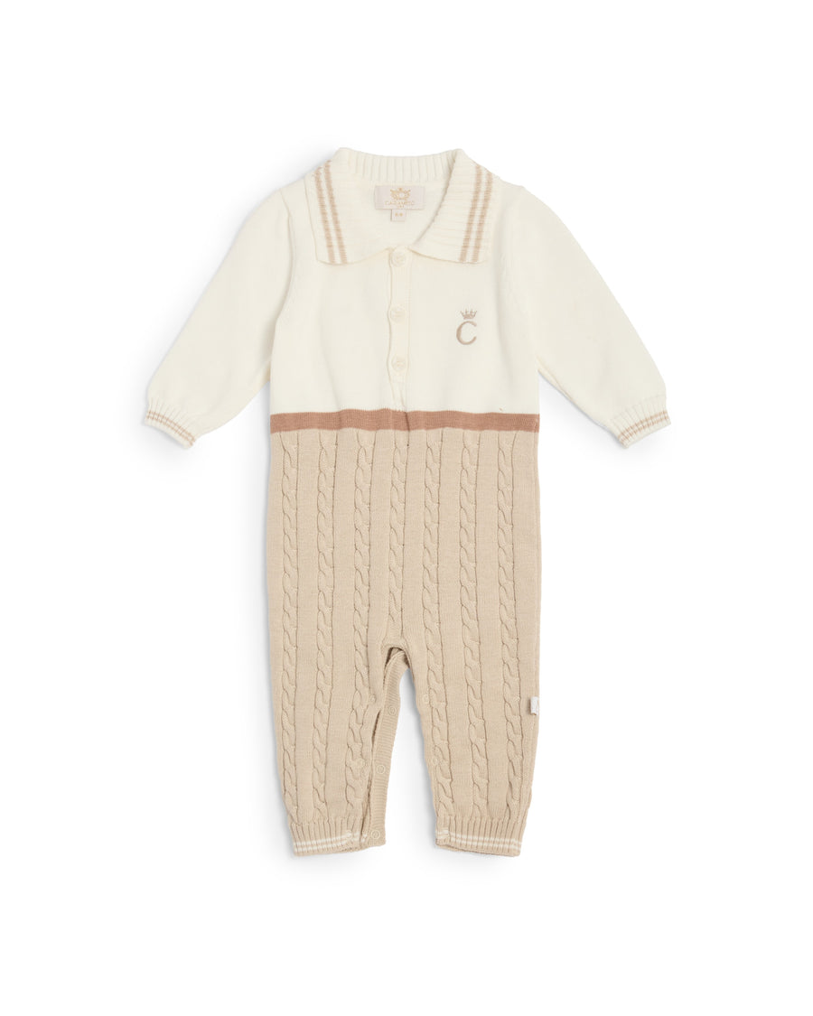 Mink & Ivory Cable Knit Polo Baby Sleepsuit