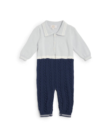 Sky & Navy Cable Knit Polo Baby Sleepsuit