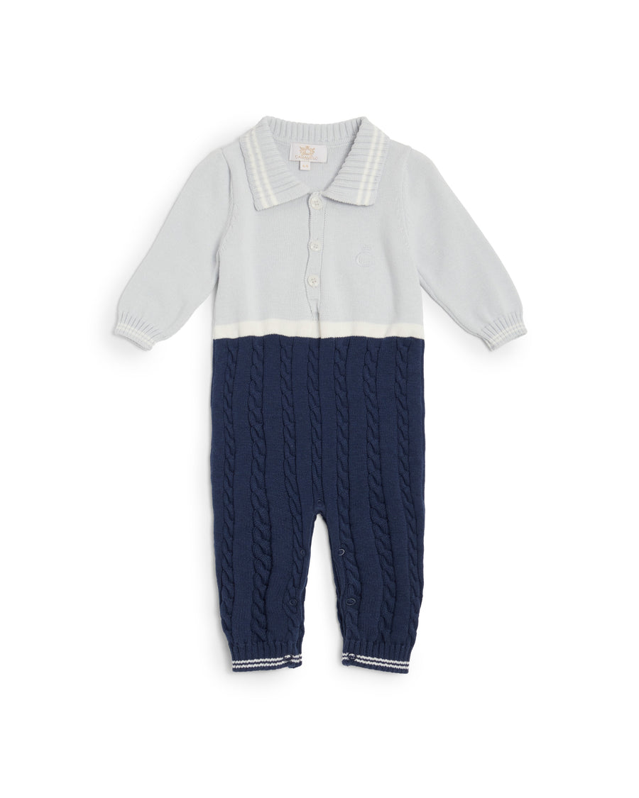 Sky & Navy Cable Knit Polo Baby Sleepsuit