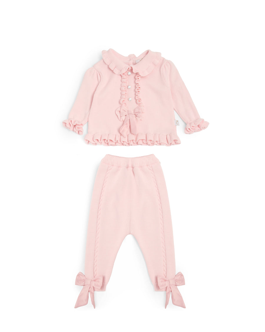 Pink Knitted Two-Piece Set with Satin Bows
