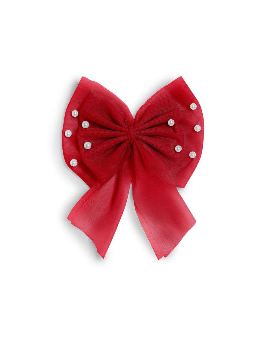 Red Pearl Embellished Tulle Bow Hair Clip