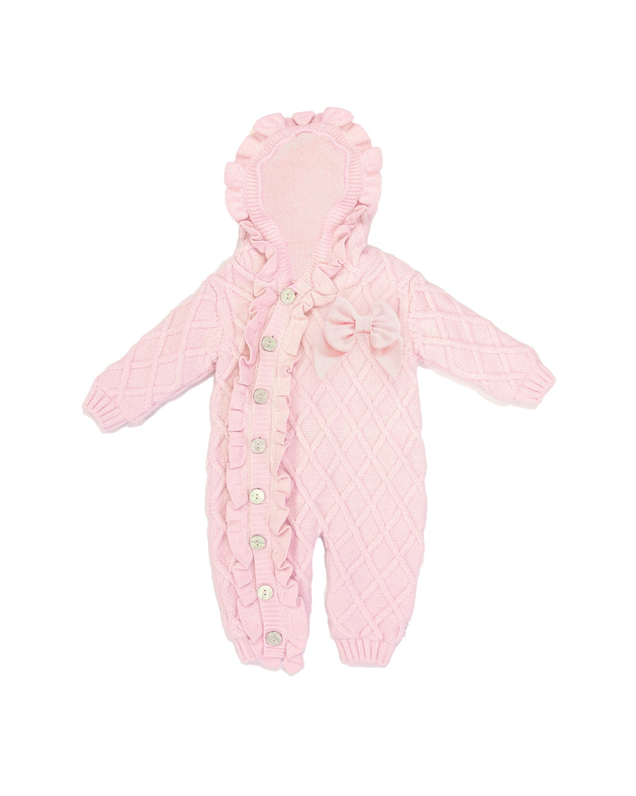 Pink Knitted Snowsuit with Satin Bow and Frill Trim