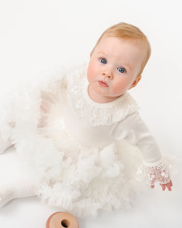 Ivory Long-Sleeve Bodysuit with Lace Collar and Cuff Embellishments