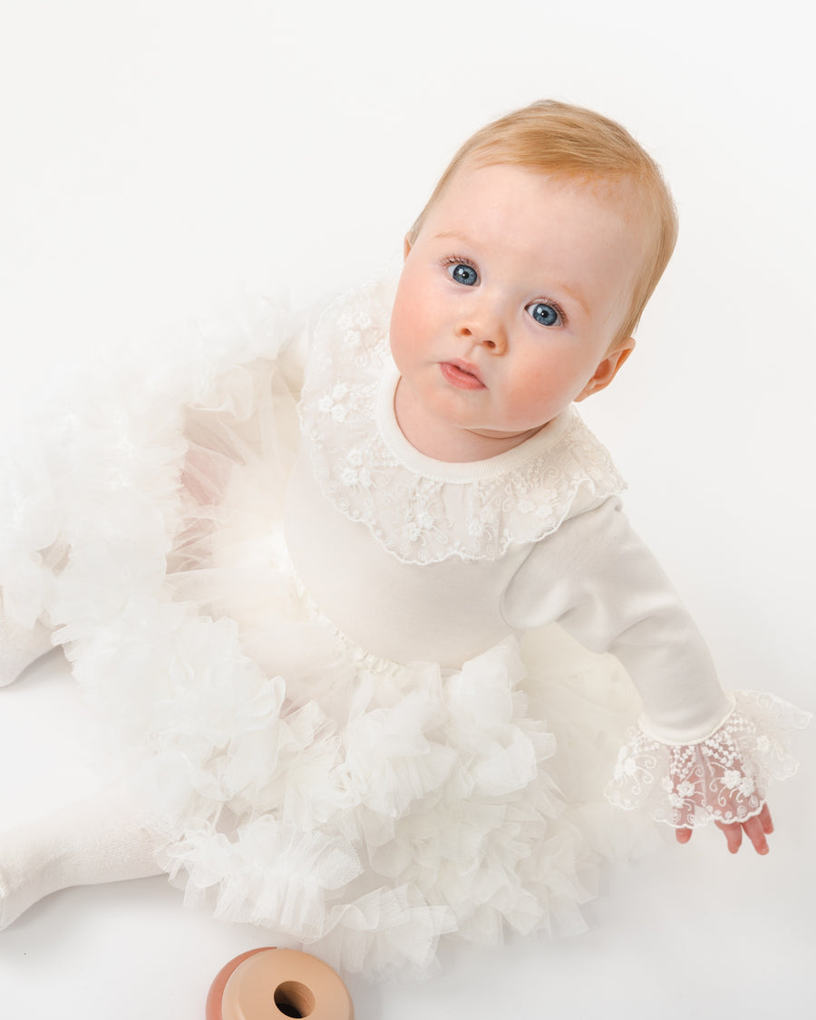 Ivory Long-Sleeve Bodysuit with Lace Collar and Cuff Embellishments